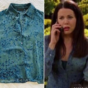 VTG Y2K Banana Republic Silk Green Blue Blouse Medium EUC Gilmore Girls